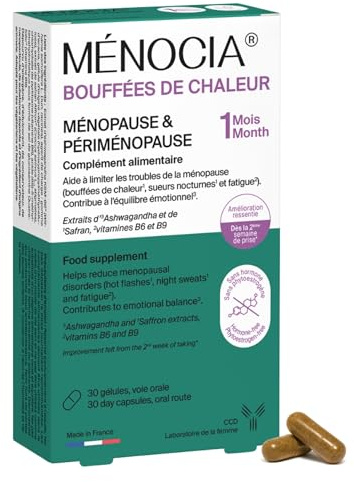 MÉNOCIA Nahrungsergänzungsmittel Wechseljahre & Perimenopause 30 Kapseln | Ohne Hormone oder Phytoöstrogene | Hitzewallungen, Nachtschweiß, Schlaf | Safran Ashwagandha