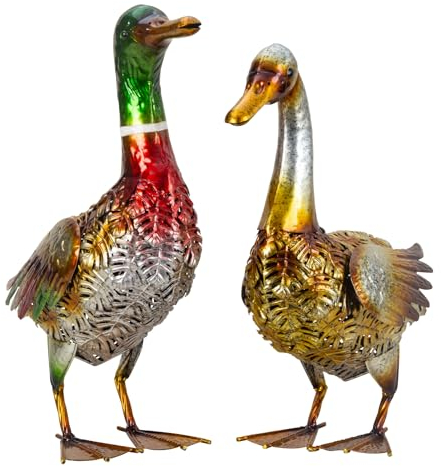Lifestyle & More Moderne Gartenfigur Gartenskulptur Ente im 2er Set aus Metall Mehrfarbig Höhe 40+43 cm Breite 35+40 cm