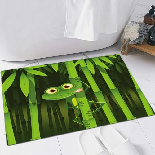 EMFSLA rutschfest Badezimmer Badeteppiche,Weich Hochflor Saugfähig Badvorleger Waschbar Flauschige Mikrofaser Badematte,Illustration neugieriger Frosch auf dem Stiel des Bambus,60x90 cm