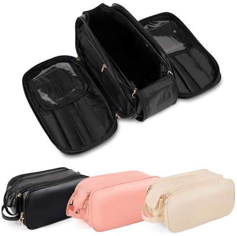 HERYEBING Kosmetiktasche Reise Kulturtasche Damen Kulturbeutel Schminktasche, PU-Leder Kosmetikkoffer mit Makeup Pinsel Fach, Groß wasserdichte Waschtasche mit Tragegriff für Herren (Schwarz)