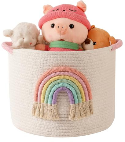 INough Spielzeug-Aufbewahrungskörbe, gewebter Baumwollseil, Aufbewahrungskorb mit Regenbogen-Dekor für Kinder, Deckenkörbe für Wohnzimmer, Spielzeug, Organizer, Regenbogen-Baby-Geschenkkorb mit Griff
