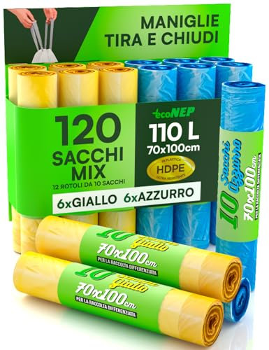 120 Sacchi per Raccolta Differenziata in Plastica HDPE 70x100cm 110L con Maniglie Tira e Chiudi Colore Giallo e Azzurro Sacchetti Antiforo per Rifiuti Pattumiera Condominiale 12 Rotoli a Strappo