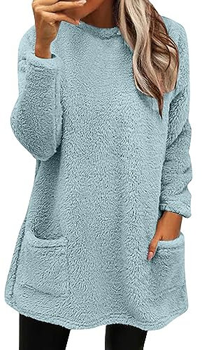 Generisch Black Friday Pullover Damen Lang Teddy Fleece Flauschig Pulli Weich Winter Warm Sweatshirt Langarm Fleecepulli Plüsch Tops Oberteile Mit Taschen Prime Angebote Damen