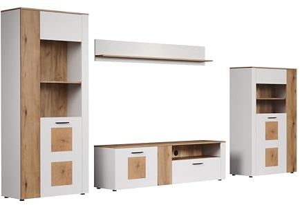 trendteam smart living - Vitoria - Wohnwand (2 Vitrinen + TV-Schrank + Wandregal) - Weiß Matt/Evoke Eiche - (BxHxT) 360 x 195 x 42 cm - für Fernseher bis 65 Zoll