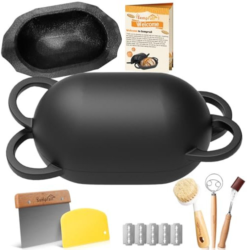 Horno de pan de hierro fundido esmaltado con forro de silicona antiadherente, 2 cuartos de galón, negro, mini horno holandés ovalado de masa madre casera, horno holandés artesanal para hornear pan,