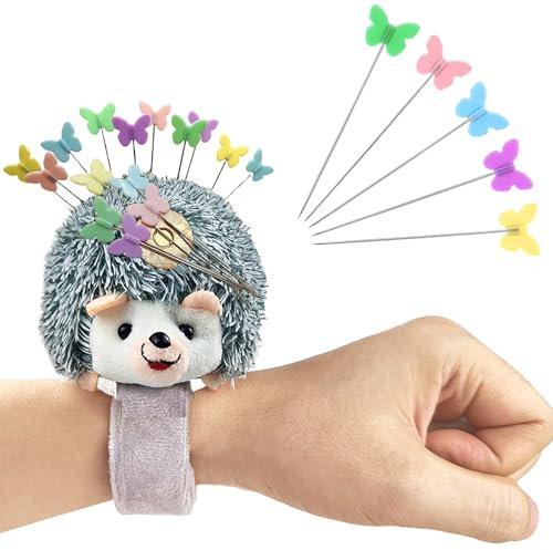 Niedliches Igel-Handgelenk-Nadelkissen zum Nähen mit magnetischem Schnapparmband für Nadeln und Nadeln, inklusive 50 schönen Schmetterlingsnadeln.