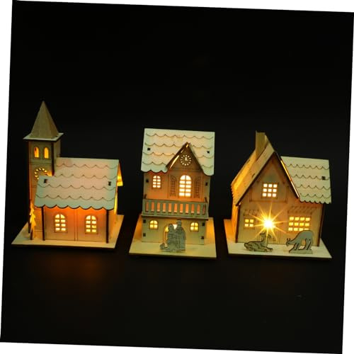 KONTONTY 3 Stück Led Holzhaus Weihnachtsdekoration Mit Warmweißem Licht Stabile Holzfiguren Doppelt Baum Kirche REH Langlebige Tischdeko Für Festliche Wohnräume Und Winterlandschaft