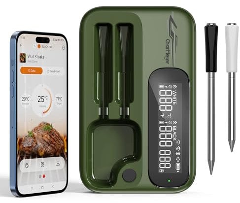 CharMeter Kabelloses Fleischthermometer mit 2 Sonden, unbegrenzter WLAN-Reichweite und Bluetooth 5.4 Dual-Modus, intelligentes Grillthermometer, LED-Anzeige-Host, Bratenthermometer für BBQ, Küchen