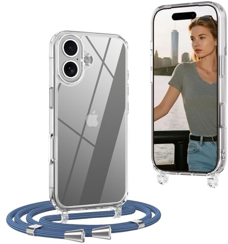 OLEPHY Crossbody Lanyard Case Compatible with iPhone 17 with Strap, Necklace Mobile Phone Cover with Adjustable and Removable Neck Strap, Transparent Shockproof Protective Case, Blue