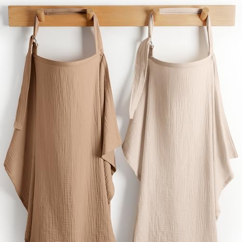Comfy Cubs Muslin Nursing Cover Pack of 2, 100% Cotton Muslin Breastfeeding Cover for Moms, Soft & Breathable Baby Nursing Scarf, Adjustable Neck Strap - Privacy Coverage - Sand and Cedar