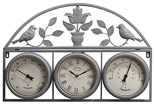 Wyegate Clock Company Decorative Large Garden Clock Outdoor Weather Station Thermometer Hygrometer (Large, Grey)