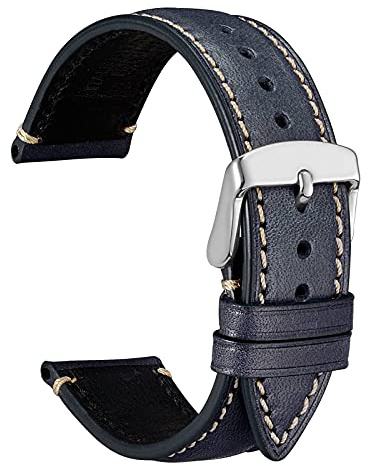 WOCCI 22mm Bracelet Montre pour Homme et Femme, Cuir Huilé Italien, Boucle Argenté (Bleu Foncé)