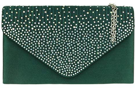 Girly Handbags Womens Pleated Satin Clutch Bag Diamante Shoulder Chain Elegant Prom Wedding Evening (Dark Green)