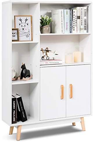 COSTWAY Armario de Consola Blanco Aparador con Puerta y Compartimentos Estantería Librería de Madera Estante Lateral para Hogar Oficina Salón