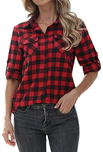 Jhsnjnr Womens Casual Long Sleeve Boyfriend Button Down Plaid Checkered Shirt Red Large