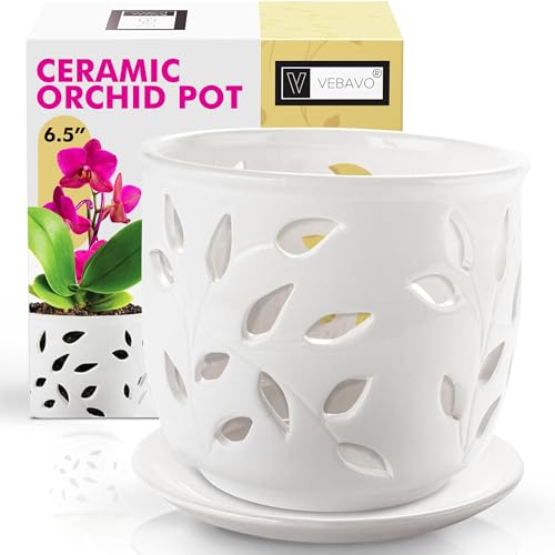 VEBAVO Large Ceramic Orchid Pot with Holes & Saucer 6.5 in. Indoor or Outdoor Pot for Orchid Care & Root Health with Precise Aeration & Drainage – Durable for Repotting or New Plants
