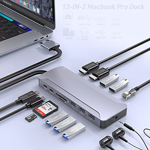 MacBook Pro Docking Station Dual Monitor 4K HDMI Adapter, 13 in 2 Macbook pro usb adapter for MacBook Pro Air Mac HDMI Dock Dongle Dual USB C to Dual HDMI 100W PD3.0 6USB SD/TF RJ45 AUX)