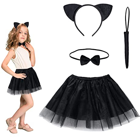 HONMOK 4 Pezzi Costume da Carnevale Gatto Nero Bambina Costume Gatto 3-10 Anni Ragazze Gonna Tutu Orecchie da Gatto Coda di Gatto Cravatta a Farfalla per Bambini Travestimento Cosplay