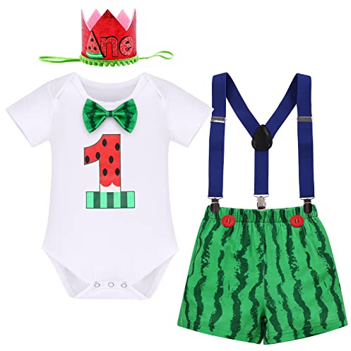 Baby Jungen Wassermelone Erster 1. Geburtstag Cake Smash Outfit Sommer Party Baumwolle Kurzarm Strampler Body Shorts Y-Form Hosenträger Stirnband 4tlg Bekleidungsset 1 Jahr Fotoshooting Kostüm Set