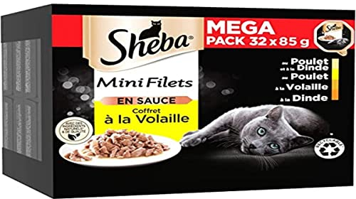 Sheba Mini Filets en Sauce Sélection à la Volaille barquettes pour Chat Adulte 4 variétés Mega Pack 32x85g