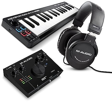 Paquete para creación y grabación de música de M-Audio: Keystation Mini 32 MK3 + interfaz audio AIR 192|4 + HDH40 - Teclado Controlador MIDI USB 32 teclas, auriculares de estudio y tarjeta de sonido