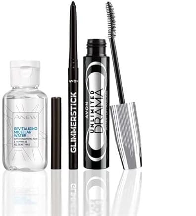 Avon Ultimate Eye Beauty Kit Gift Boxed & Sealed contains Blackest Black Ultimate Drama Instant Lift Mascara + Blackest Black Glimmerstick Eyeliner + 50ml Anew Revitalising Micellar Water