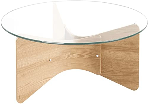 Umbra Madera Couchtisch, Runder Wohnzimmertisch aus Holz und Glas, Naturel, 89 cm