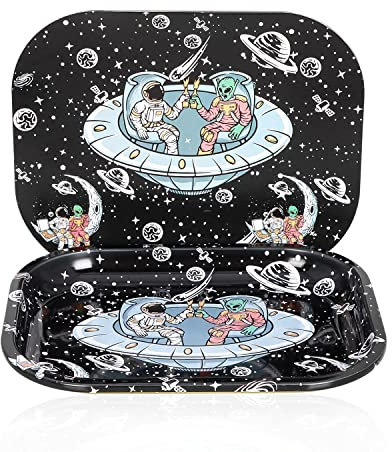 Metal Trays with Magnetic Lid,Astronaut in Space Metal Tray,Small Cute Decorative Tray Ideal Storage for Home or on The Go, 7 x 5.5 (Black)