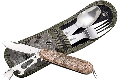 Tiendas LGP, JKR - 708 - Navaja multiusos, Cuchara y Tenedor, con Funda, Set de Cubiertos, Supervivencia y Bushcraft