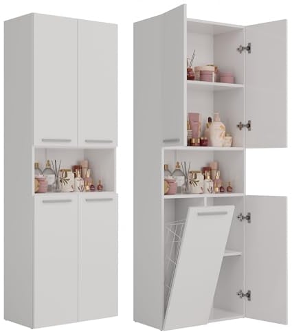 CDF Armoire Haute Salle de Bain Meuble Colonne de Salle de Bain Armoire de Rangement à 4 Portes avec Etagère Réglable pour Salon Cuisine - 60x30x174 cm Blanc - 1 Panier à Linge
