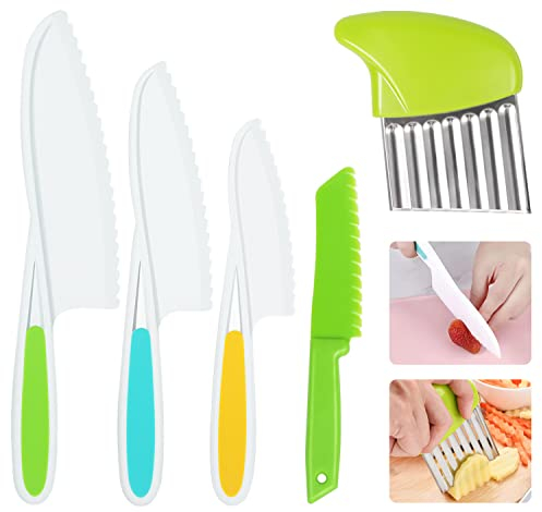 Kids Knife Set 5 Pcs Toddler safe knives Plastic Child Friendly Knife with Crinkle Cutter Nylon BPA-Free Serrated Edges Kitchen Tools for Real Cooking and Cutting Lettuce Board Sandwich (5 Pieces)