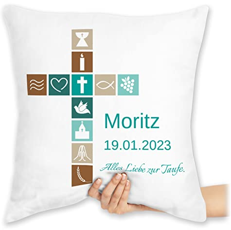 Kissen 40x40 Zierkissen - Geschenk Taufe I Konfirmation Geschenk Firmung - 40 x 40 cm - Weiß - taufgeschenk patenkind taufkissen taufgeschenke Taufe personalisierte personalisiertes Kommunion