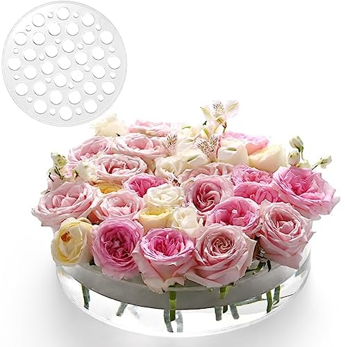 Acryl Blumenvase 30cm Dia. Kreisförmige auslaufsichere klare Acryl niedrige Vase mit 31+18 Löcher - Low-Profile-Zylinder floralen Mittelstück für Tabelle - Klar
