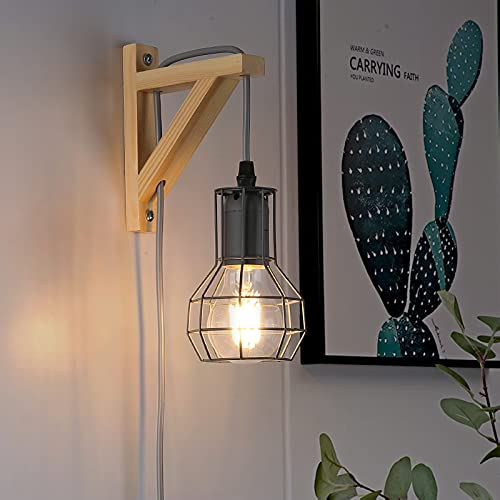 Moderne Grau Holz Wandleuchte mit Stecker Schalter, Vintage Rustikales Innen Wandlampe Verstellbare Hängende Wandhalterung, Industrie Lese Leuchten Deko für Wohnzimmer Bad Schlaf Kinderzimmer