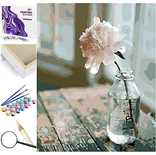 Artnapi Malen nach Zahlen Erwachsene mit Rahmen | DIY Handgemalt | Blumen - Weiße Blume in einer Flasche | Kit für Anfänger und Erwachsene | Set inklusive Acrylfarben & Pinsel | 40x50cm Leinwand