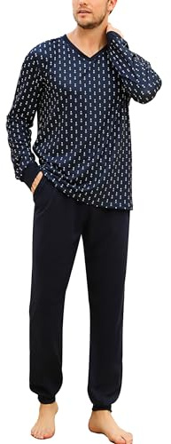 Bresdk Schlafanzug Herren Lang Baumwolle Pyjama Winter Nachtwäsche S-4XL | Langarmes Oberteil mit V-Ausschnitt Bündchen und langer Schlafhose; bequem zum Schlafen, Entspannen und für gemütliche Abende