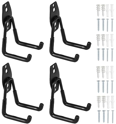 Faankiton 4 Pezzi Ganci Garage, Ganci da Parete Garage con Rivestimento Antiscivolo, Ganci in Acciaio per Garage per Appendere Utensili Elettrici, Biciclette, Scala, Articoli Sfusi (Piccolo, Nero)
