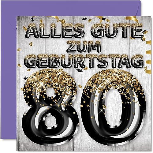 Stuff4 80. Geburtstagskarte für Männer - Schwarz Gold Glitzerballons - Alles Gute zum Geburtstagskarten für 80 Jährige Mann Papa Urgroßvater Opa, 145mm Achtzig Achtzigster Geburtstag Grußkarten