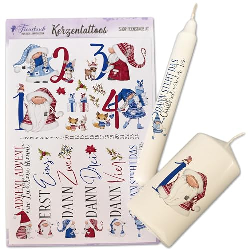 FEENSTAUB Kerzentattoos Weihnachten, Kerzenfolien Weihnachten DIN A5, Wasserschiebefolie Kerzen, Weihnachtskerze 24 tage, Kerzensticker Advent, Kerzen Tattoo Folie Advent, Weihnachtswichtel