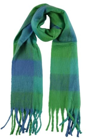 COFI 1453 XXL Schal Damen Frauen Halstuch Karo Muster mit Fransen Grün/Blau