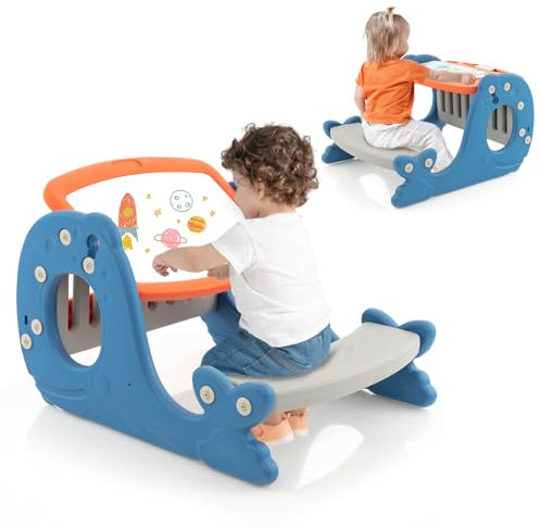 COSTWAY Set Tavolo attività Convertibile per Bambini, Cavalletto Multifunzionale Regolabile con Lavagna Cancellabile a Forma di Balena, Tavolo da Disegno con Panchina, 1 + Anni