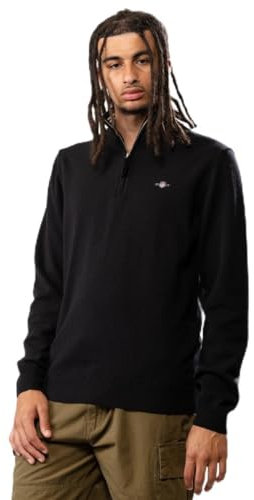 GANT Men's Superfine Lambswool Half Zip Pullover Sweater, Black, XL
