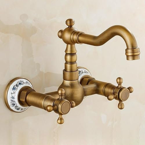 ZYCDP Mitigeur Lavabo Salle de Bain Vintage Robinet Mural Vintage Robinet de Lavabo à Deux Poignées Mitigeur en Laiton Antique, Court