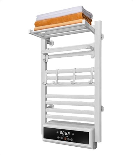 DUDYP Sèche-Serviettes Électrique, Radiateur Mural pour Salle De Bain avec Minuterie, Porte-Serviettes Électrique en Alliage D'aluminium, Chauffe-Serviettes avec Étagère Supérieure Pliable,Blanc
