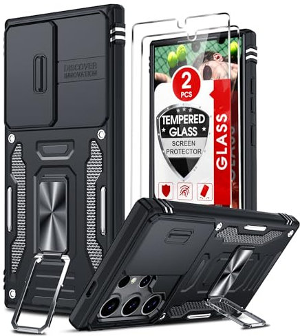 LeYi for Samsung Galaxy S24 Ultra Phone Case, with Camera Lens Cover Slider, 2 Pack Screen Protectors, Ring Stand Holder Military Shockproof Armour Cover for Samsung S24 Ultra 5G, Black