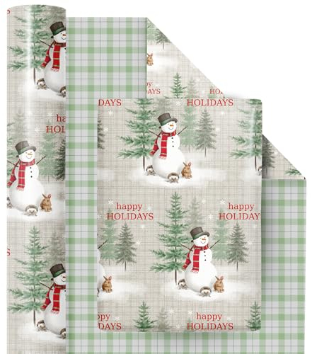 RUSPEPA Rollo De Papel De Regalo Reversible - Muñeco De Nieve Navideño Y Patrón De Cuadros Ideal para Navidad, Fiesta, Días Festivos - 43,2 Cm X 10 M