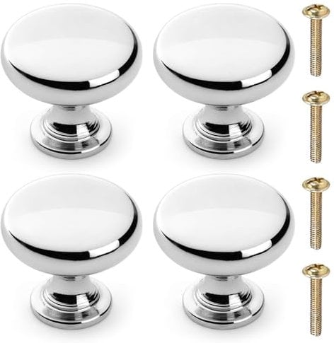 SULIVES Silver Cabinet Door Knobs Set of 4 - Cupboard Door Handles Polished Chrome Mushroom Handles with Screws, 25mm - Ideal for Cabinets, Wardrobes, Drawers, Bedrooms and Furniture