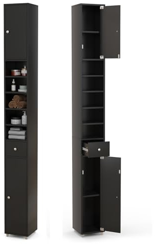 GIANTEX Badschrank Hochschrank, 20 x 20 x 180 cm, Badezimmerschrank Schmal mit Schublade, 2 Türen & 5 offenen Ablagen, Schrank fürs Badezimmer & Wohnzimmer (5 Ablagen, Schwarz)