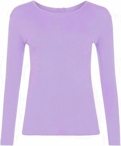 FASHION MY LOVE Women Ladies Long Sleeve Round Neck Plain Top Stretchy Casual Summer T-Shirts Basic Slim fit Tee Tops UK Plus Size 8-26 Lilac