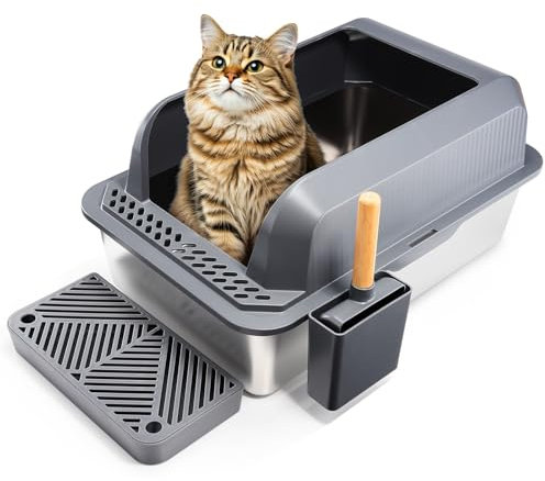 Dashfor XXL Stainless Steel Litter Tray, Extra Large Box 62×42×31cm High Sided With Lid, Scoop & Mat for Large Medium Cats - Grey